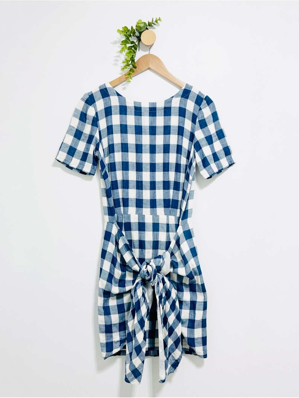 Anthropologie Delphine 100% Cotton Blue White Check Wrap Modest Mini Dress